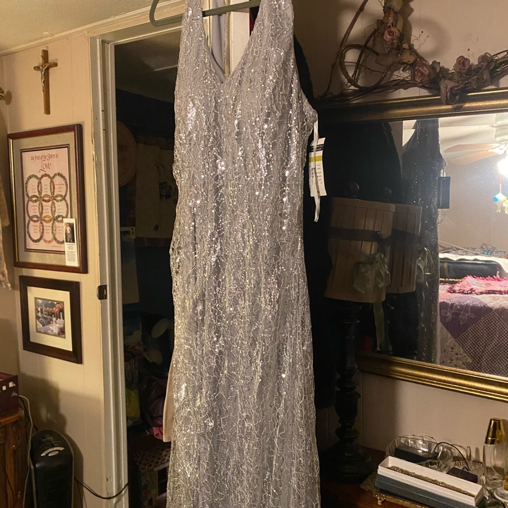 GORGEOUS SILVER EVENING GOWN, Size 14, New W/Tags attached. $60